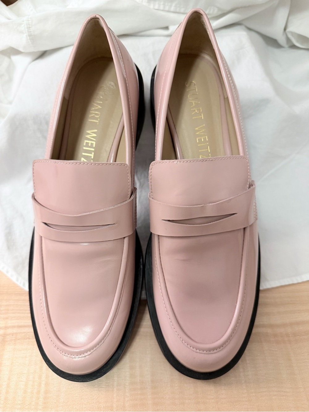 Stuart Weitzman Blush Patent Leather Penny Loafers